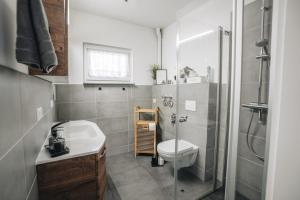 a bathroom with a toilet and a sink and a shower at Ferienwohnung Leipzig- Hirschfeld Apartments in Leipzig +74 photos