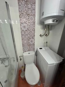 a small bathroom with a toilet and a shower at Corazón de Nerja in Nerja