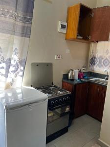 a small kitchen with a stove and a refrigerator at Regeneration in Jinja