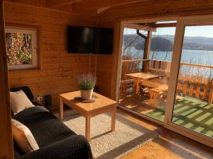 a living room with a couch and a television in a cabin at Domekwroznowiepl in Rożnów