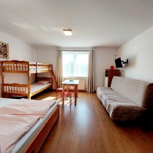 a bedroom with a bed and a couch and a table at Chyba Wyspa, Ostrowo in Ostrowo
