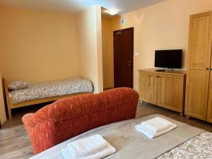a living room with a couch and a television at Quota 850 in Tatranská Lomnica