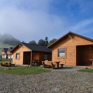 a log cabin with a picnic table in front of it at Domki Lawendowa Skarpa in Zawóz