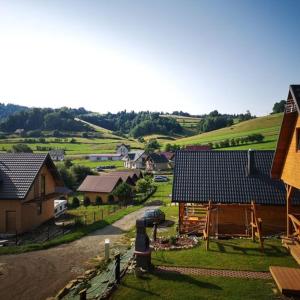 an aerial view of a small village with houses at Domki Lawendowa Skarpa in Zawóz