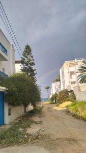 a dirt road next to some buildings and a tree at Maison indépendante pieds dans l'eau in Sousse