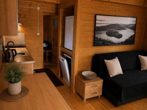 a living room with a couch and a kitchen at Domekwroznowiepl in Rożnów