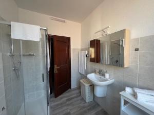 a bathroom with a shower and a sink and a toilet at La Funtanella in Aggius