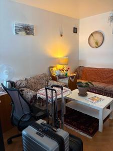 a living room with a bed and a table with luggage at DREAM Flat in PARIS in Levallois-Perret