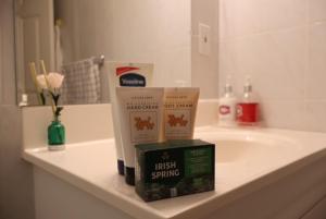a bathroom counter with a sink and a book on it at Cozy Family Suite, entire place with two beds, pravite washroom and kitchen in Markham