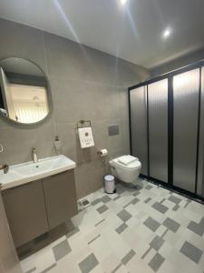 a bathroom with a toilet and a sink and a mirror at Olive House in Pamukkale +42 photos