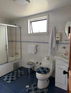 a bathroom with a toilet and a tub and a sink at Casa Costanera in Panguipulli +21 photos