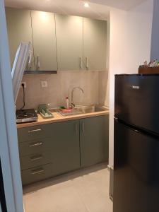 a kitchen with a sink and a black refrigerator at Gatos Beach in Pefkochori
