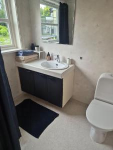 ein Badezimmer mit Waschbecken, Toilette und Fenster in der Unterkunft LeiraLy in Veblungsnes