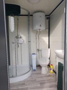 a bathroom with a toilet and a shower and a sink at Glamping Bell Tent in Norton Saint Philip