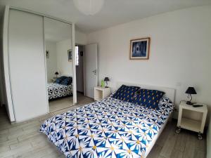 a bedroom with a bed and a large mirror at Maison avec piscine in Cessenon +14 photos