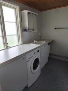 a bathroom with a washing machine and a sink at The Red Butterfly 2 cottage in Månstad +39 photos