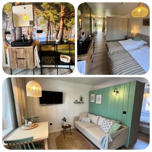 two pictures of a living room and a bedroom at Bungalow Green Forest in Benz