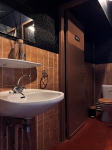 a bathroom with a sink and a toilet at Relais du Moulin - Bed & Breakfast in Abreschviller