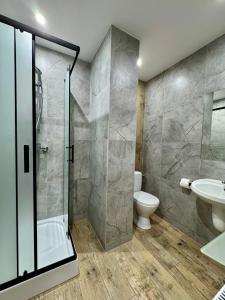a bathroom with a shower and a toilet and a sink at Willa Zofia in Rabka-Zdrój