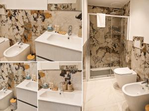 a collage of four pictures of a bathroom at Da Mario in Guarene