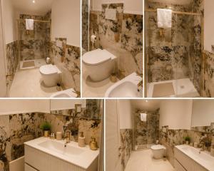 a collage of four pictures of a bathroom at Da Mario in Guarene