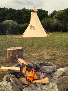 a camp fire with a teepee in a field at Teepee u Vlčího potoka in Jičíněves