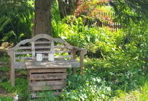 a wooden bench sitting under a tree with two mugs on it at Daheim Nr 2 - Südwesterhaus Allgäu in Oberstaufen +8 photos