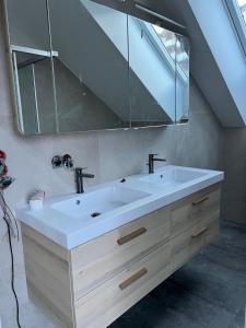 a bathroom with a sink and a large mirror at Das Zehnerkar Chalet - Klippitztörl in Kliening +15 photos