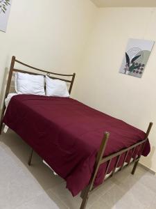 a bed with a red blanket on top of it at Katty House in Santa Bárbara de Samaná