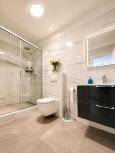 a bathroom with a toilet and a shower and a sink at Stendaler Apartments in Stendal +11 photos