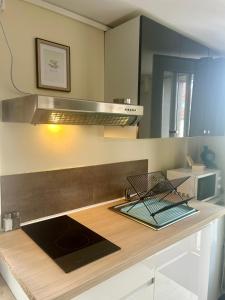 a kitchen with a wooden counter top with a stove at Studio cosy 71 in Saint-Vallier