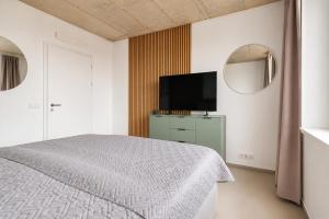 a bedroom with a bed and a flat screen tv at Apartmány Gočárova třída in Hradec Králové