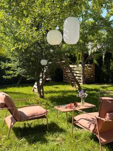 a group of chairs and a table in the grass at Apartments Gorje Hideaway in Spodnje Gorje