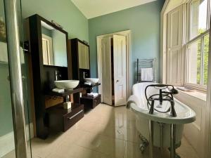 a bathroom with a sink and a tub and a mirror at Blackhill Woods Retreat in Abbeyleix