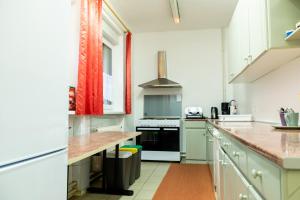 a kitchen with white cabinets and a counter top at Hostel 1550 in Moravske-Toplice