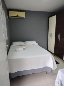 a bedroom with a white bed and a mirror at casa de temporada em Piranhas ótimo lugar e conforto lila in Piranhas +24 photos