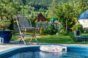 ein Schwimmbecken mit einem Stuhl in der Unterkunft Aloha Glamp - Całoroczny glamping nad rzeką z prywatną balią - Stok narciarski, góry, lasy, sauna in Zagórnik