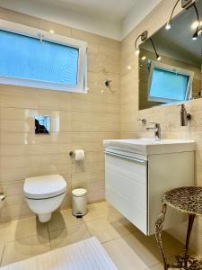 a bathroom with a toilet and a sink and a mirror at Sodyba prie jūros in Palanga +28 photos