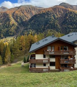a house on a hill with mountains in the background at Cozy Studio with Wellness in Goms in Blitzingen