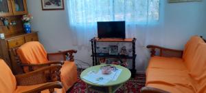 a living room with two chairs and a table and a tv at Blue Flower Cottage in Lightning Ridge