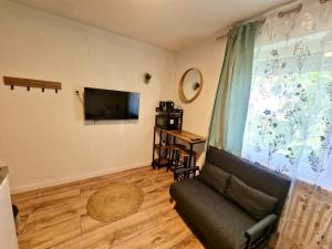 a living room with a couch and a flat screen tv at Grimm Apartment 4 in Kassel