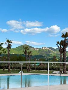 a pool with palm trees and mountains in the background at Tenuta il Bandito in Montesano Scalo