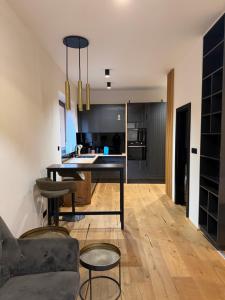 a kitchen and living room with a table and chairs at Studio apartment in Slezská Ostrava