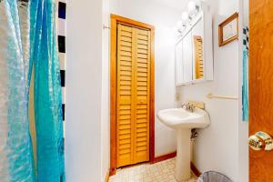 a bathroom with a sink and a wooden door at A Very Vermont Vacation in Jamaica +26 photos
