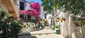 a narrow street with flowers on the buildings at Apartament w Esteponie in Estepona