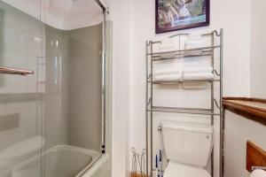 a bathroom with a shower and a toilet and a sink at Killington's Hideaway in Killington +43 photos