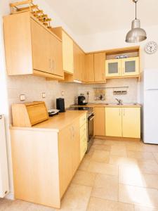 a kitchen with wooden cabinets and a white refrigerator at SunsetApartment in Siviri