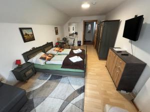 a bedroom with a bed and a television in a room at Steinadler Apartments Quiet Location Garden, Private Parking Pet Friendly in Murau