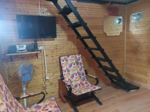 a room with a television and a chair and a ladder at Kućica Dva Dječaka in Ulcinj
