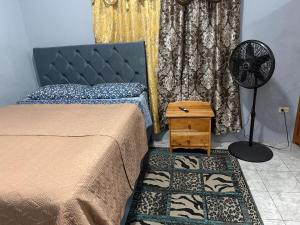 a bedroom with a bed and a fan and a rug at Tees Place in Hopkins